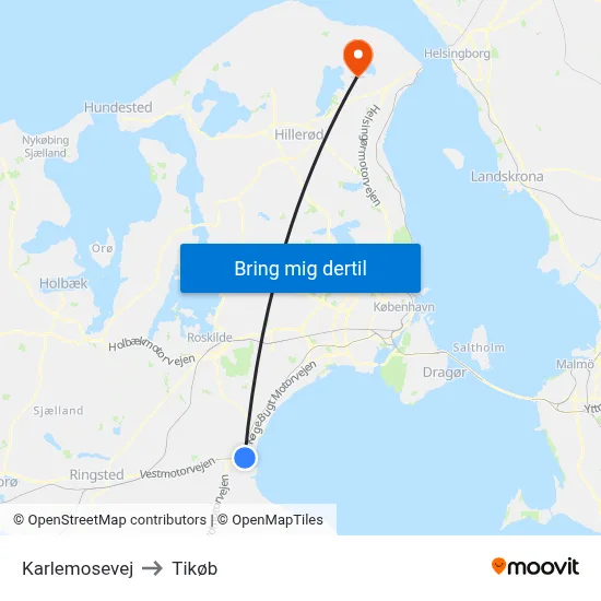 Karlemosevej to Tikøb map