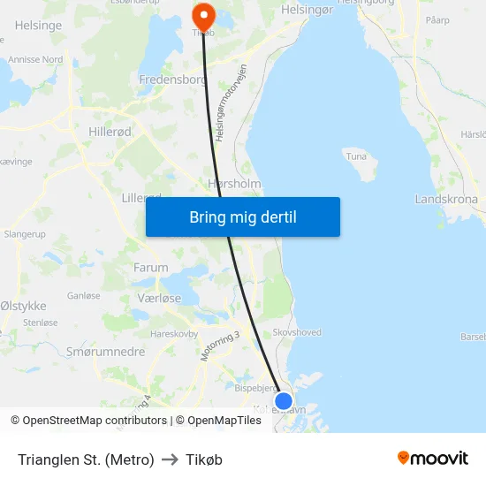 Trianglen St. (Metro) to Tikøb map
