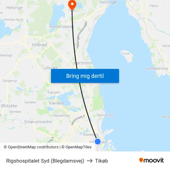 Rigshospitalet Syd (Blegdamsvej) to Tikøb map