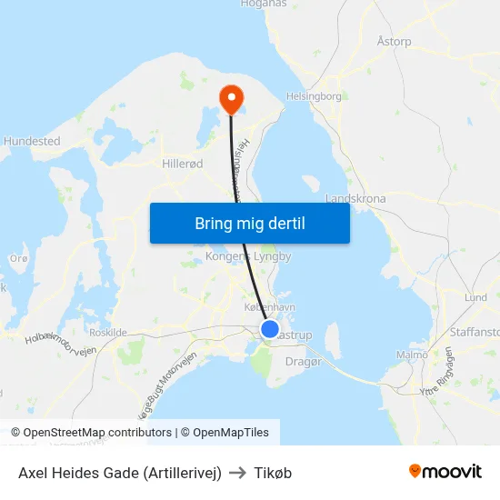 Axel Heides Gade (Artillerivej) to Tikøb map
