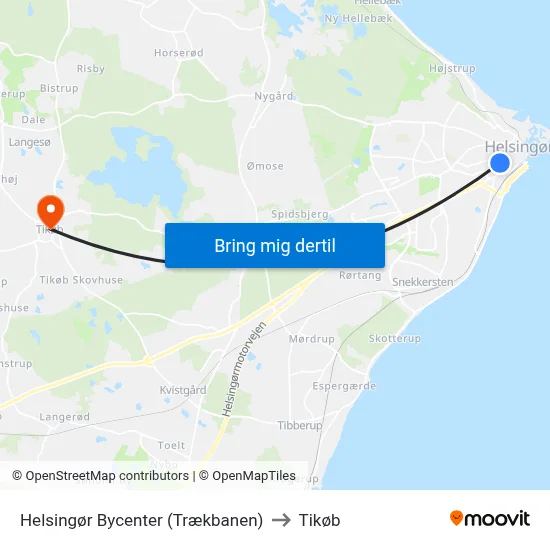 Helsingør Bycenter (Trækbanen) to Tikøb map