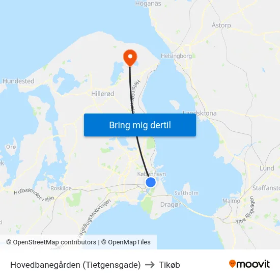 Hovedbanegården (Tietgensgade) to Tikøb map