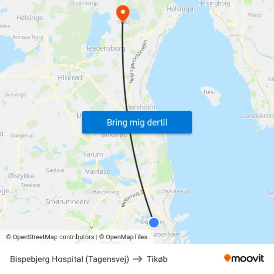 Bispebjerg Hospital (Tagensvej) to Tikøb map