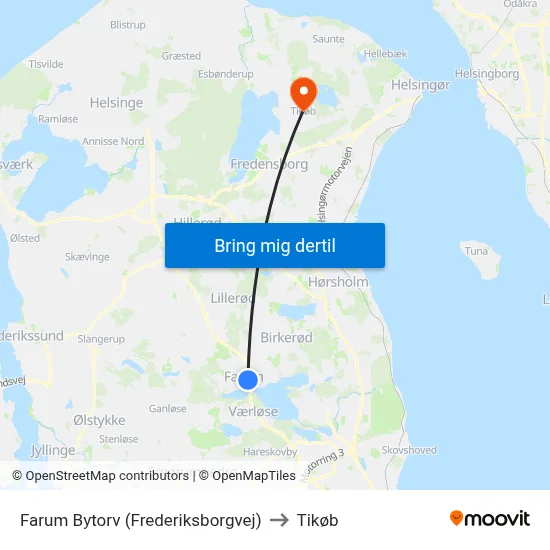 Farum Bytorv (Frederiksborgvej) to Tikøb map