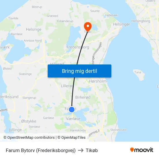Farum Bytorv (Frederiksborgvej) to Tikøb map
