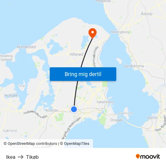Ikea to Tikøb map