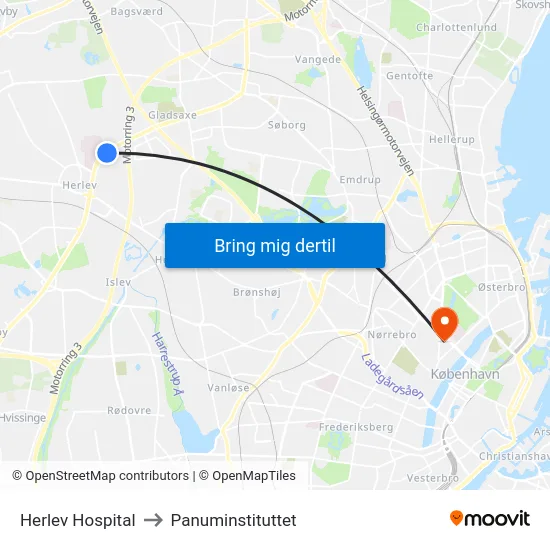 Herlev Hospital to Panuminstituttet map