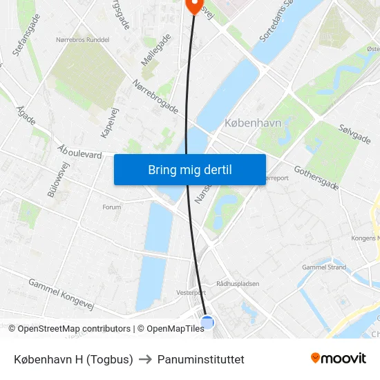 København H (Togbus) to Panuminstituttet map