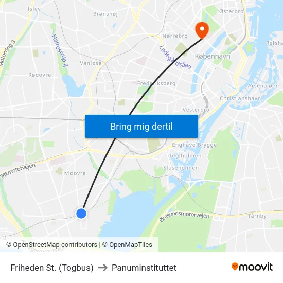Friheden St. (Togbus) to Panuminstituttet map
