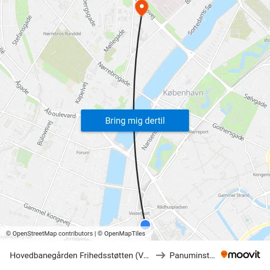 Hovedbanegården Frihedsstøtten (Vesterbrogade) to Panuminstituttet map