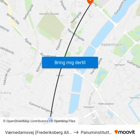 Værnedamsvej (Frederiksberg Allé) to Panuminstituttet map