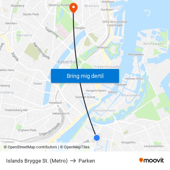 Islands Brygge St. (Metro) to Parken map