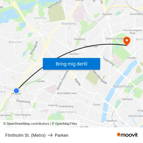 Flintholm St. (Metro) to Parken map