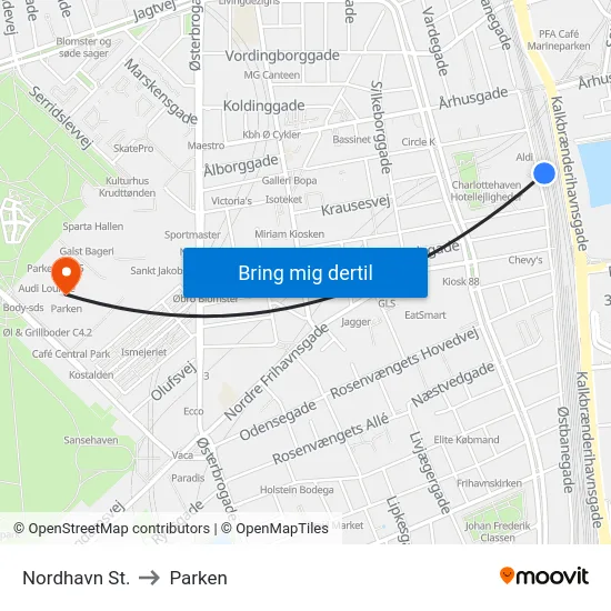 Nordhavn St. to Parken map