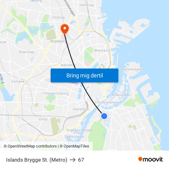 Islands Brygge St. (Metro) to 67 map