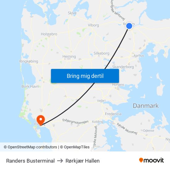 Randers Busterminal to Rørkjær Hallen map