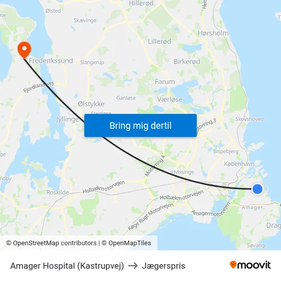 Amager Hospital (Kastrupvej) to Jægerspris map