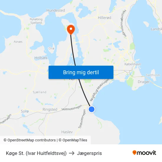 Køge St. (Ivar Huitfeldtsvej) to Jægerspris map