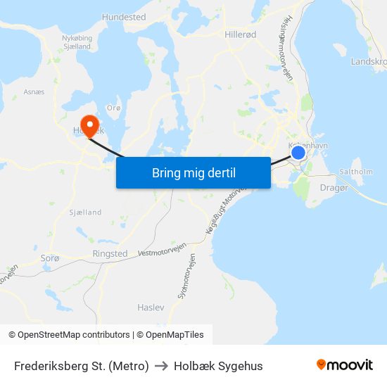 Frederiksberg St. (Metro) to Holbæk Sygehus map
