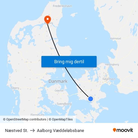 Næstved St. to Aalborg Væddeløbsbane map