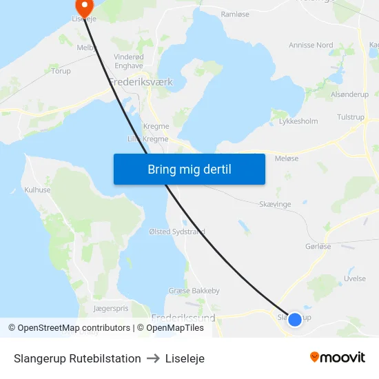 Slangerup Rutebilstation to Liseleje map