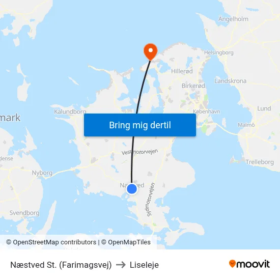 Næstved St. (Farimagsvej) to Liseleje map