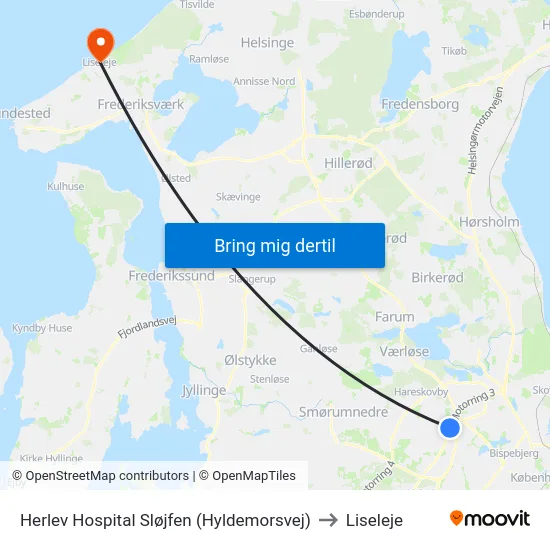 Herlev Hospital Sløjfen (Hyldemorsvej) to Liseleje map