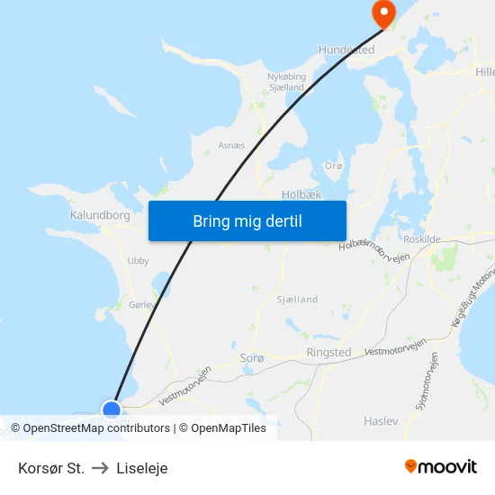 Korsør St. to Liseleje map