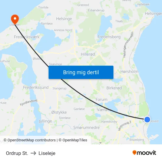 Ordrup St. to Liseleje map