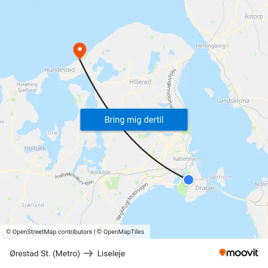 Ørestad St. (Metro) to Liseleje map