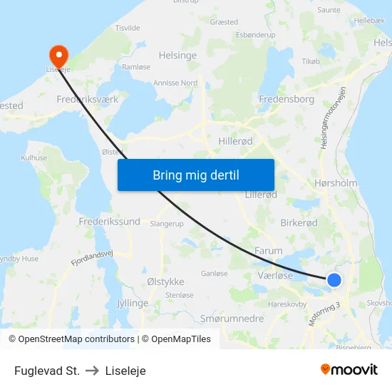 Fuglevad St. to Liseleje map