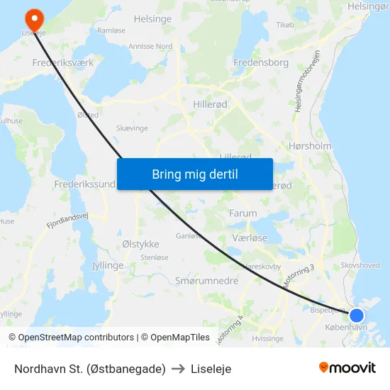 Nordhavn St. (Østbanegade) to Liseleje map