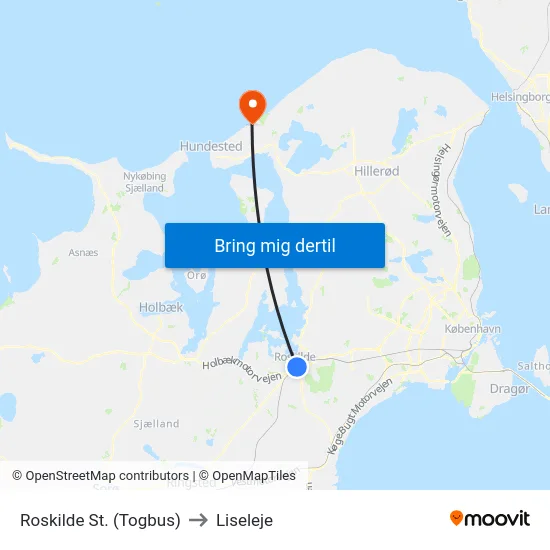 Roskilde St. (Togbus) to Liseleje map