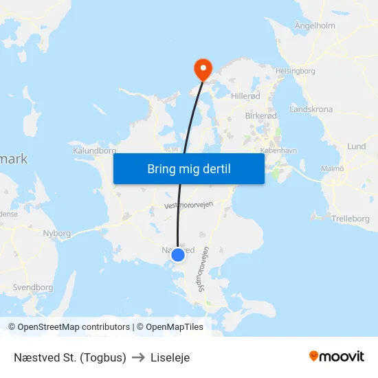 Næstved St. (Togbus) to Liseleje map