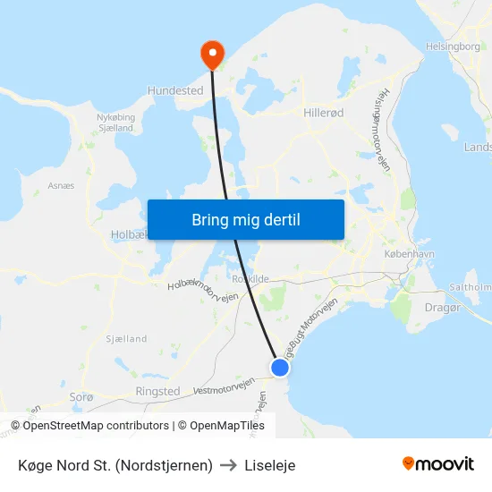 Køge Nord St. (Nordstjernen) to Liseleje map