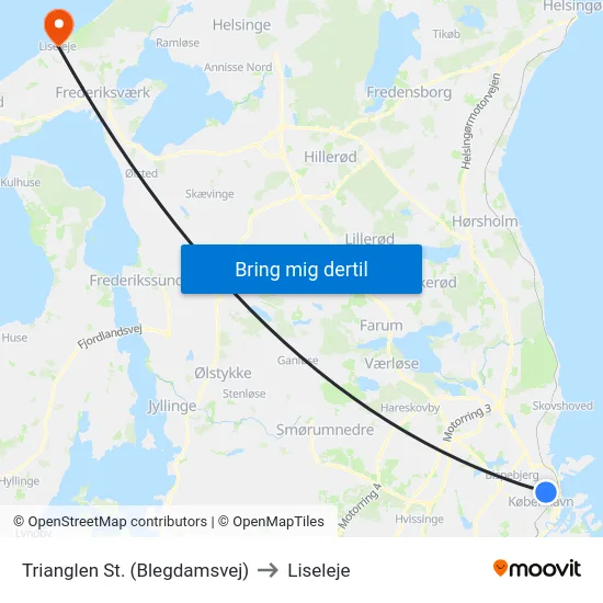 Trianglen St. (Blegdamsvej) to Liseleje map