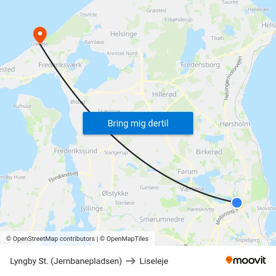 Lyngby St. (Jernbanepladsen) to Liseleje map
