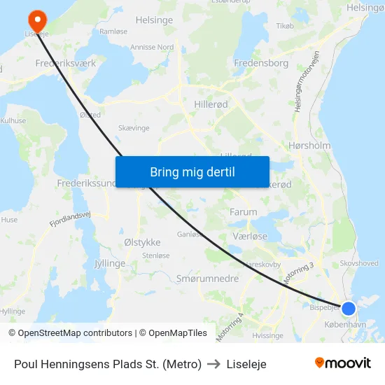 Poul Henningsens Plads St. (Metro) to Liseleje map