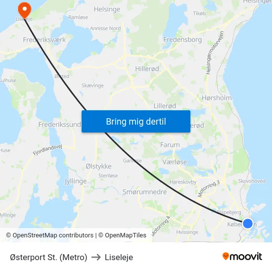 Østerport St. (Metro) to Liseleje map