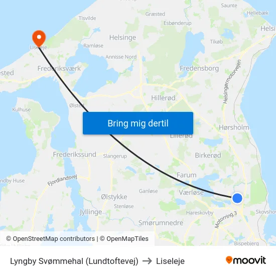 Lyngby Svømmehal (Lundtoftevej) to Liseleje map