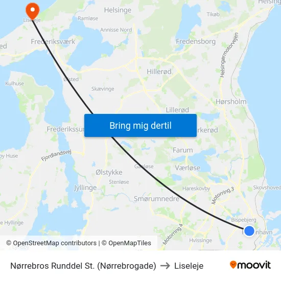 Nørrebros Runddel St. (Nørrebrogade) to Liseleje map