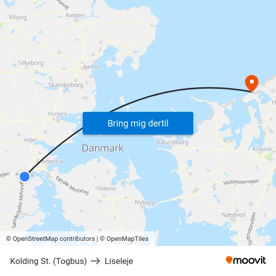 Kolding St. (Togbus) to Liseleje map