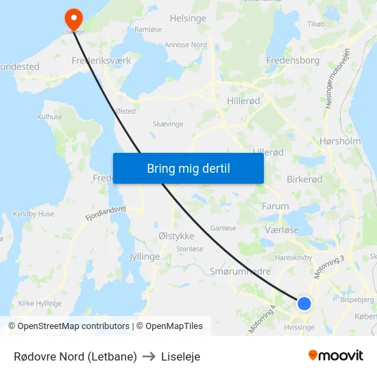 Rødovre Nord (Letbane) to Liseleje map