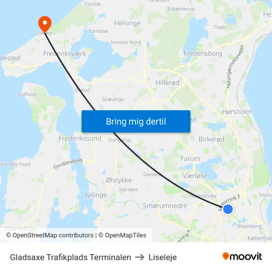 Gladsaxe Trafikplads Terminalen to Liseleje map