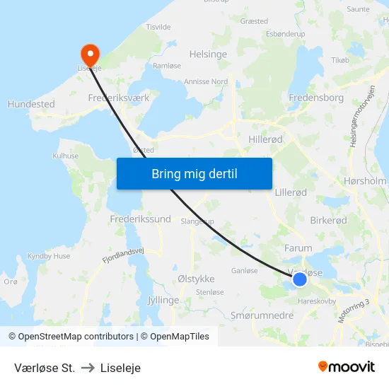 Værløse St. to Liseleje map