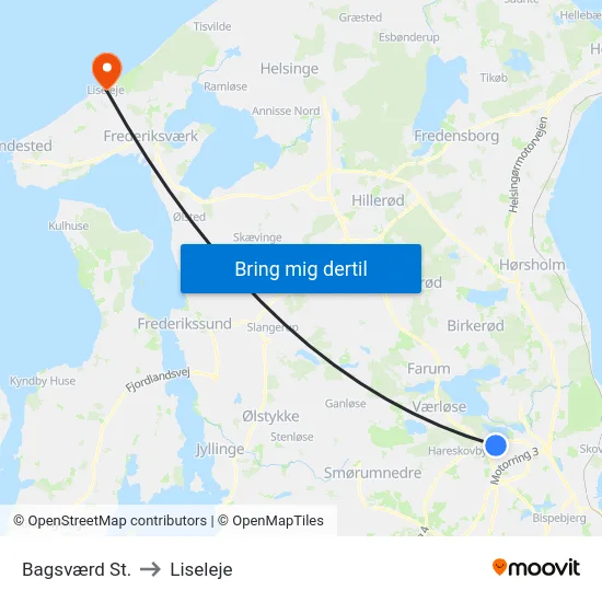 Bagsværd St. to Liseleje map
