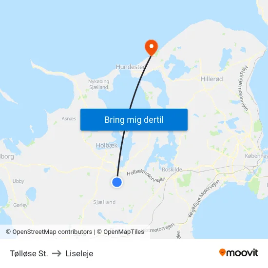 Tølløse St. to Liseleje map