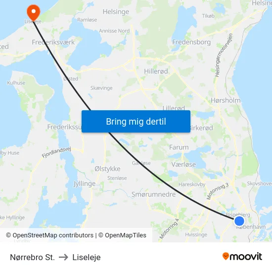 Nørrebro St. to Liseleje map
