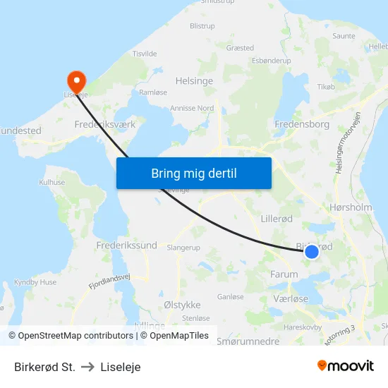Birkerød St. to Liseleje map
