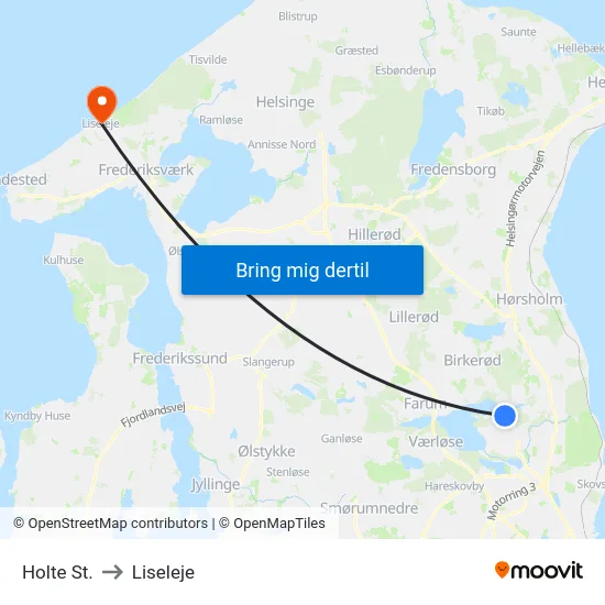 Holte St. to Liseleje map